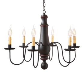 6-Arm Large Norfolk Wood Chandelier in Sturbridge Black with Sturbridge Red