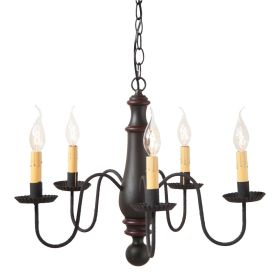 5-Arm Medium Norfolk Wood Chandelier in Sturbridge Black with Red Stripe