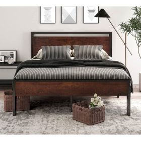 King Metal Platform Bed Frame with Mahogany Wood Panel Headboard Footboard