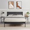 Full size Industrial Platform Bed Frame with Wood Slatted Headboard in Black