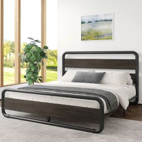 King Heavy Duty Round Metal Frame Platform Bed with Black Wood Panel Headboard