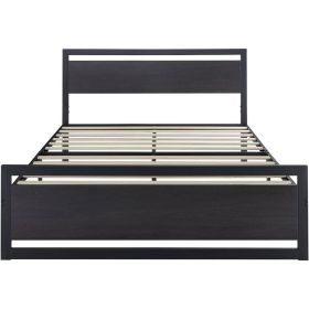 Queen Black Metal Platform Bed Frame with Wood Panel Headboard and Footboard