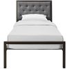 Twin Metal Platform Bed with Gray Fabric Button Tufted Upholstered Headboard