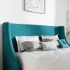 King Size Upholstered Linen Blend Headboard Wingback Platform Bed in Turquoise