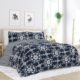 Twin size 3-Piece Navy Blue White Reversible Floral Striped Comforter Set