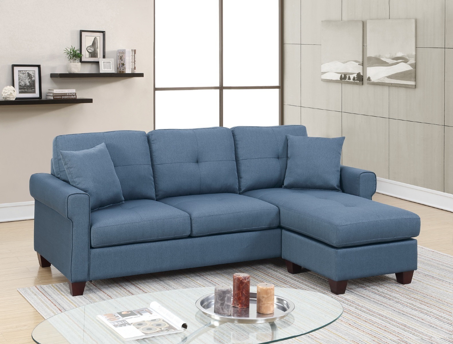 Blue Color Glossy Polyfiber Tufted Cushion Couch Sectional Sofa Chaise ...