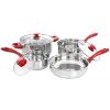 Gibson Home Crawson 7 Piece Stainless Steel Cookware Set in Chrome with Red Handles