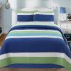 Full/Queen Navy Blue/Green/Teal/White Stripe 100-Percent Cotton Quilt Set