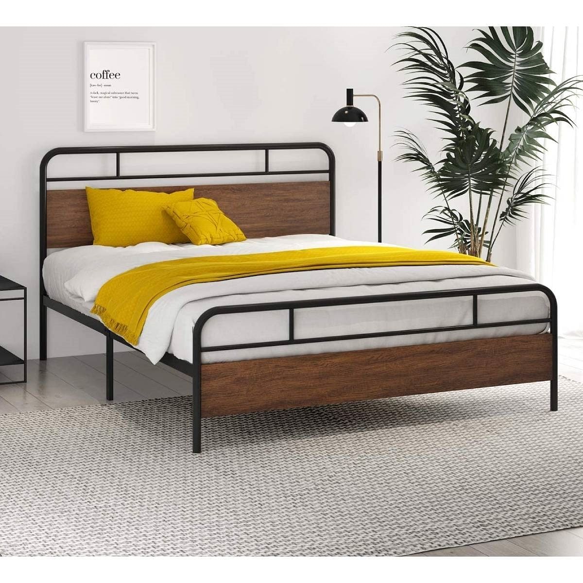 Queen Size Industrial Metal Wood Platform Bed Frame with Headboard and ...