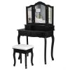 4 Drawers Wood Mirrored Vanity Dressing Table with Stool-Black