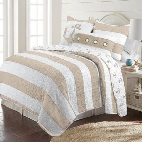 Twin 2 Piece Nautical Striped Anchors Reversible Microfiber Quilt Set Beige