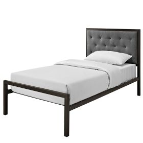 Twin Metal Platform Bed with Gray Fabric Button Tufted Upholstered Headboard