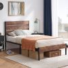 Twin Industrial Platform Bed Frame with Brown Wood Slatted Headboard Footboard